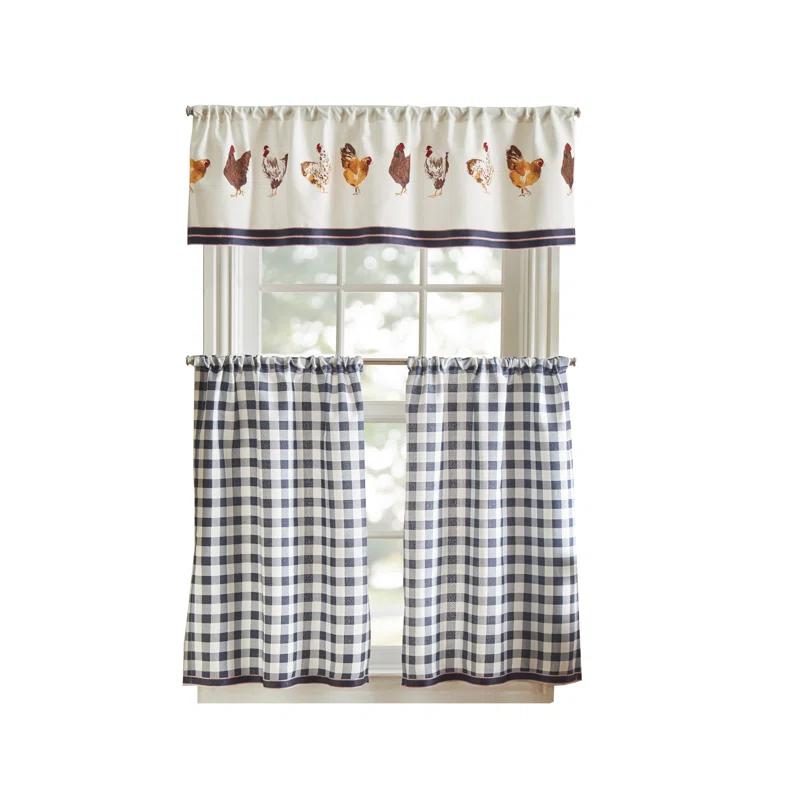 Chickens Light Filtering Rod Pocket Kitchen Curtain Valance and Tiers Set in Navy/White