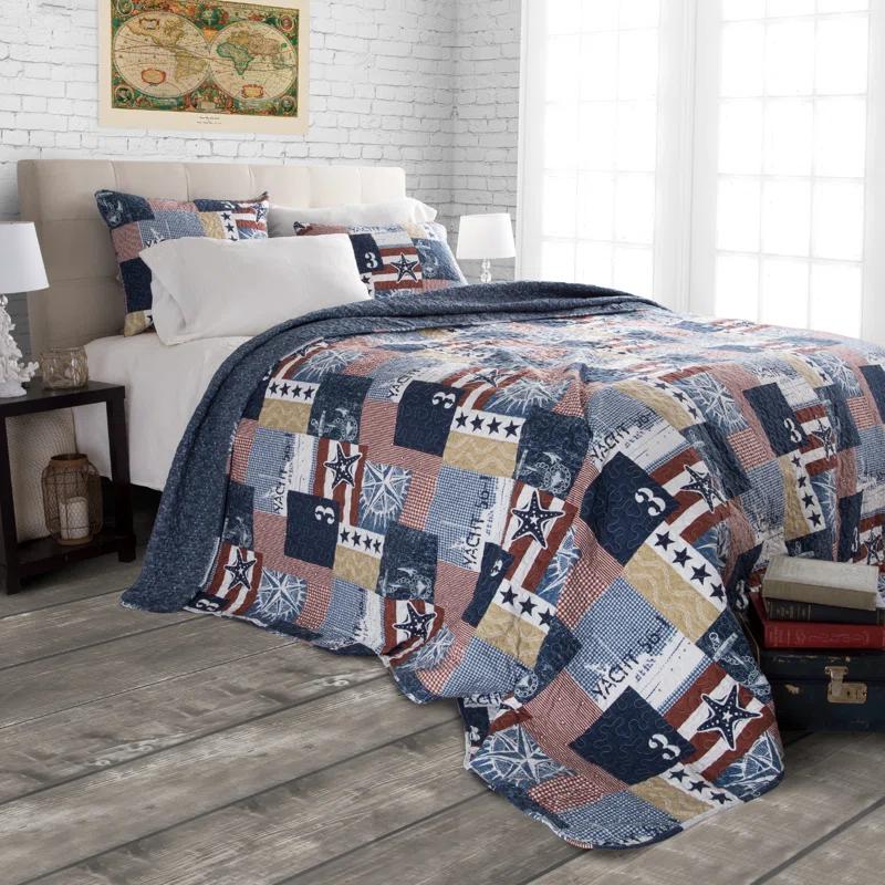 Quilt Set - Nautical Americana Patchwork Print All-Season Soft Microfiber Bedding with Pillow Sham