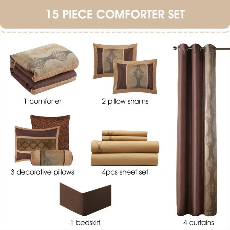 Nanshing America, Inc Kath Microfiber Jacquard 15 Piece Comforter Set