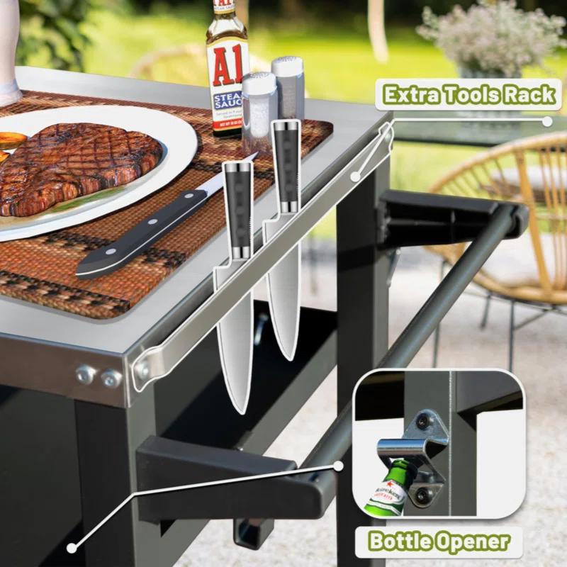 Go Peak Track 3-Shelf Outdoor Grill Table, Grill Cart Outdoor With Wheels, Pizza Oven And Food Prep Table, Blackstone Table With Stainless Steel Tabletop, Grill Stand For Blackstone Griddle For Outside BBQ