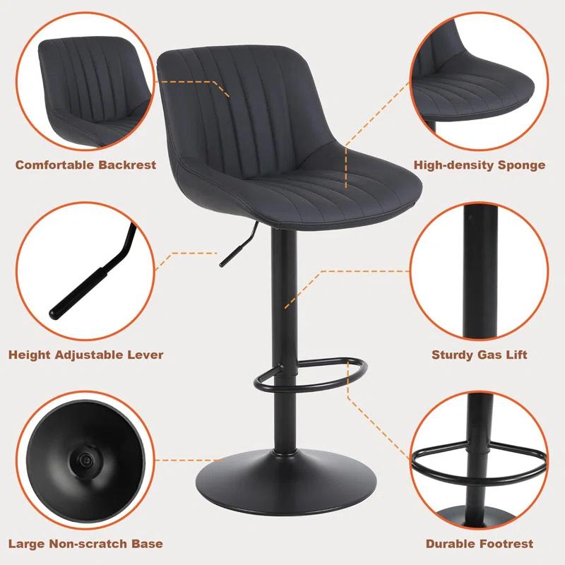 Corrigan Studio® Bar Stools Set of 3, Swivel Counter Height Barstools with Back, Adjustable PU Leather Bar Chairs, Modern Armless Kitchen Island Stool, Black