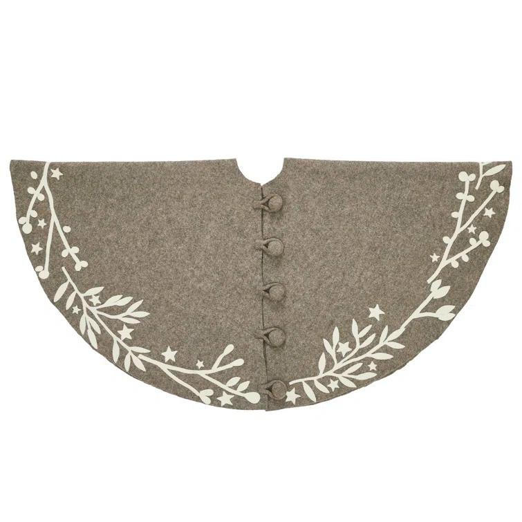 Handmade Green Felt Christmas Tree Skirt with Cream Branches and Stars - 60"