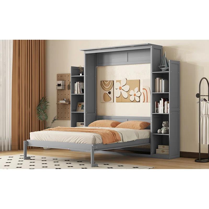 HOME FURNITURE Queen Size Murphy Bed Wall Bed With Shelves And LED Lights,