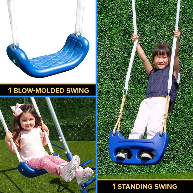 Sportspower Sportspower Taylor Galvanized Metal Swing Set With Blow Molded Swing, Standing Swing, 2 Person Teeter Totter, 32" Saucer Swing, And 5' Slide, Bonus 4pc Anchor Kit Included