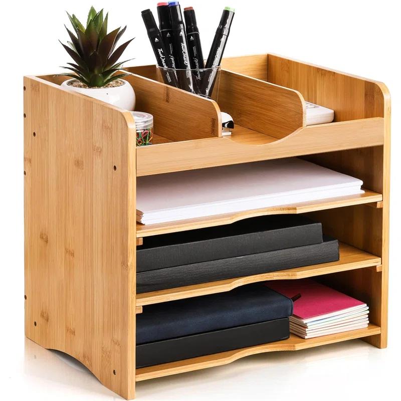 Hokku Designs Bamboo Desk File Organizer,Document Letter Tray Sorter With 2 Adjustable Shelves, 4 Tier Mail Organizer Countertop