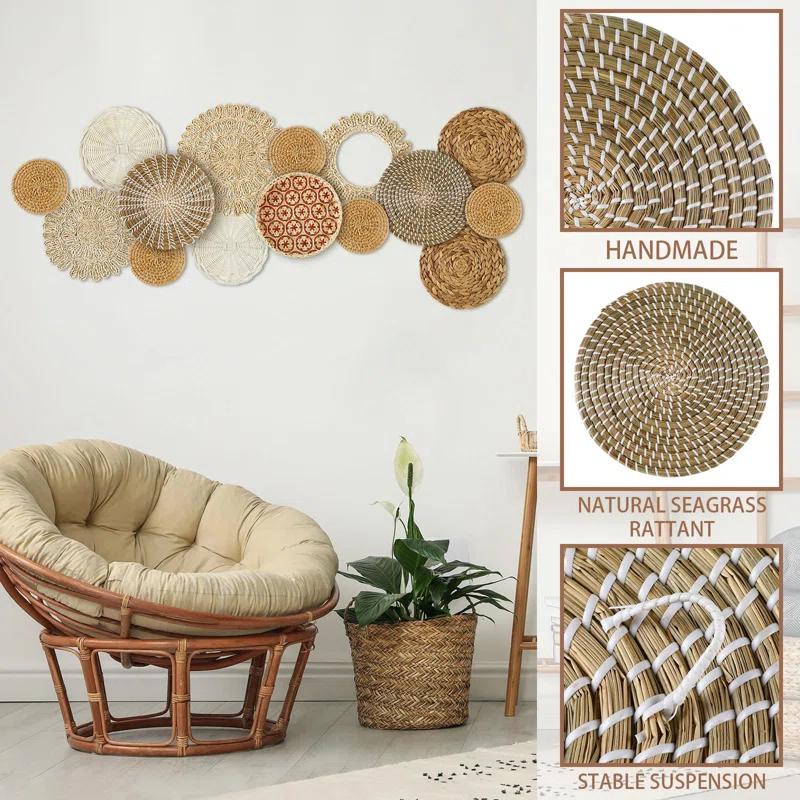 Bungalow Rose Siena 15 Pcs Boho Siena Hanging Woven Sienaative Rustic Handcrafted Seagrass Baskets Round Woven Hanging Art For Home Farmhouse Kitchen Table Living Room
