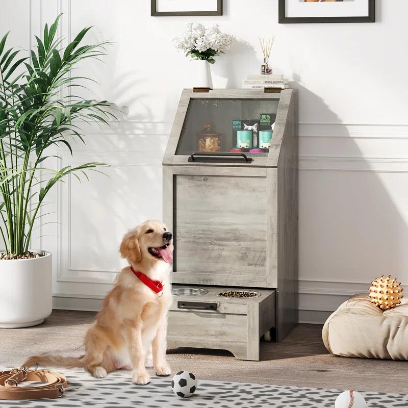 gaomon Dog Feeding Station with Storage Cabinet, 2 Elevated Dog Bowls, Filp Top Dog Food Storage Cabinet Container