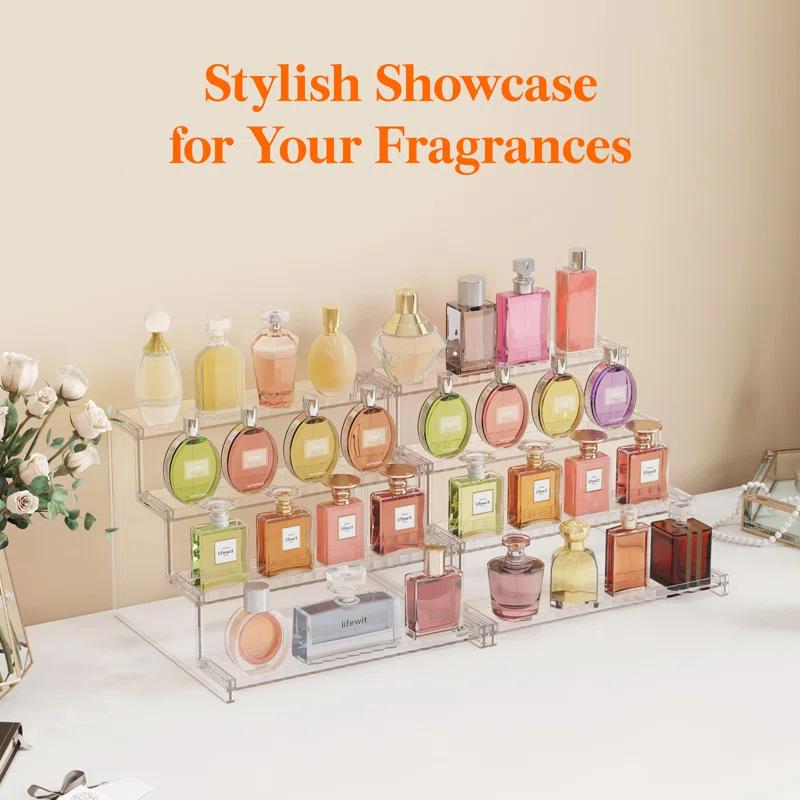 Lifewit 4 Tier Clear Display Risers Stand With Decorative Fences, Plastic 12 Inch Perfume Organizer, Display For Figures, Cupcake, Dessert, Desktop Stand For Organization And Decor, 1 Pack