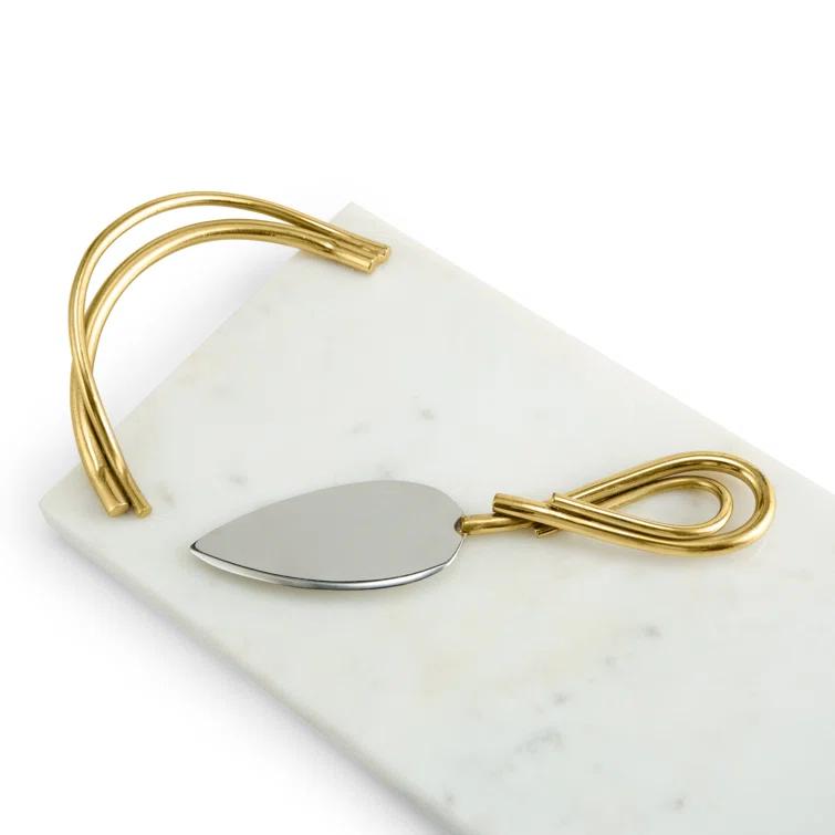 White Marble Rectangular Cheese Board with Gold Spreader Knife