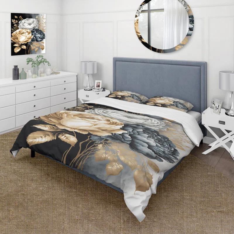 Design Art White, Gold And Black Rose Bouquet I - Floral Rose Duvet Cover Set - Microfiber Polyester