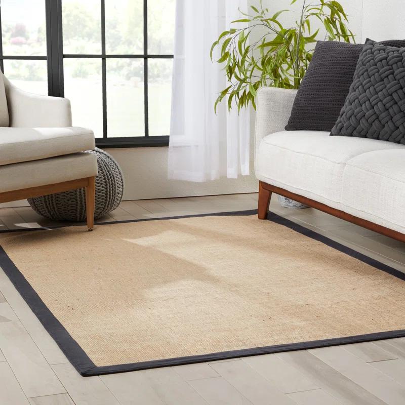 Ebern Designs Quince Sorel Solid Border Beige Black Natural Jute Non-Slip Handwoven Latex Area Rug