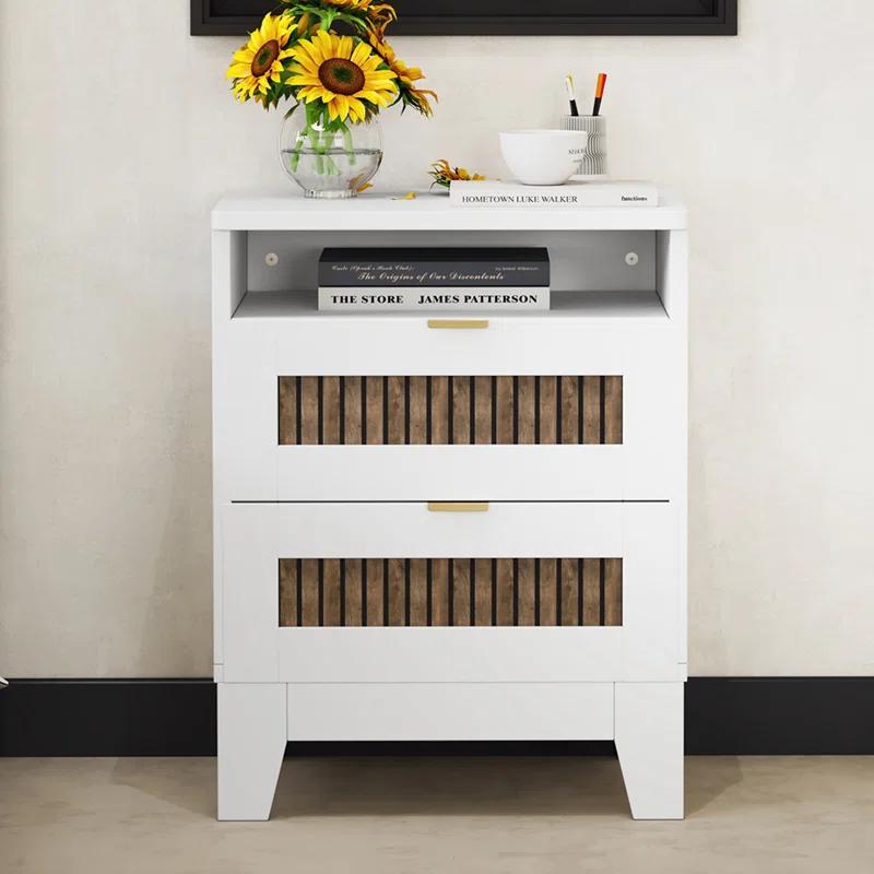 Lark Manor™ 2-Drawer Farmhouse Wooden Nightstand With Wooden Strip Stickers Decoration And Metal Handle, Wood Side Table With Storage Cabinet For Bedroom