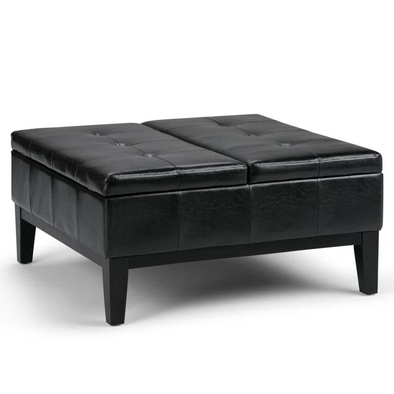 Simpli Home Dover 36"W Upholstered Square Coffee Table Storage Ottoman with Split Tufted Lift Top