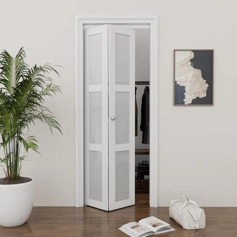 EASELIFE Frosted Glass And Solid Manufactured Wood Bi-Fold Door With Installation Hardware Kit