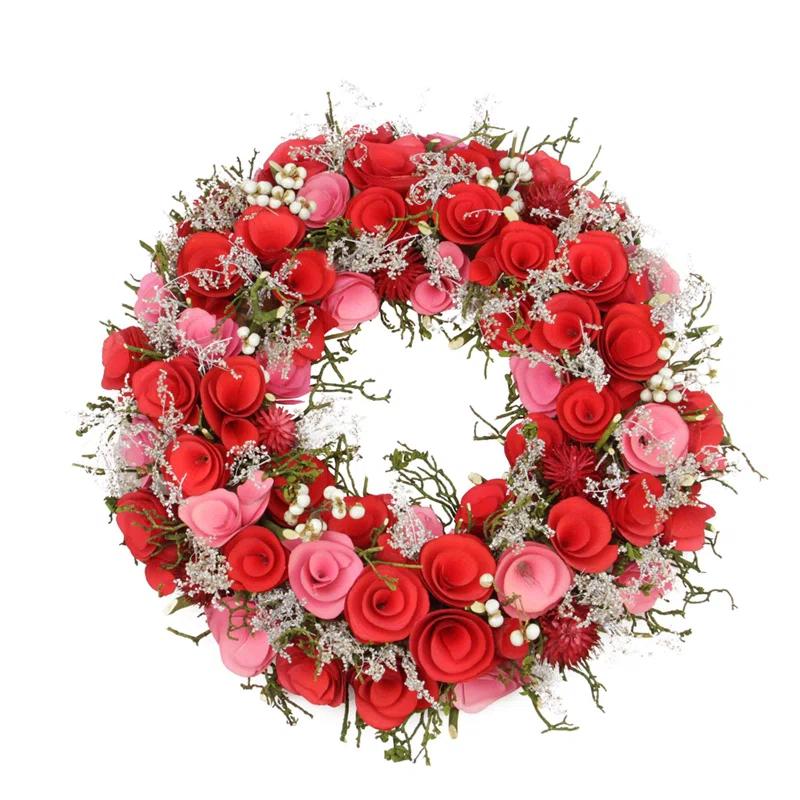 Northlight Seasonal Pink and Red Wooden Roses Artificial Spring Wreath 13-Inch Unlit