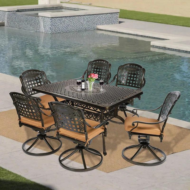 Wildon Home® Wildon Home® 7-piece Outdoor Furniture Dining Set, All-weather Cast Aluminum Patio Conversation Set, Include 6 Swivel Dining Chairs And A Rectangle Table With Umbrella Hole, khaki/green Cushion