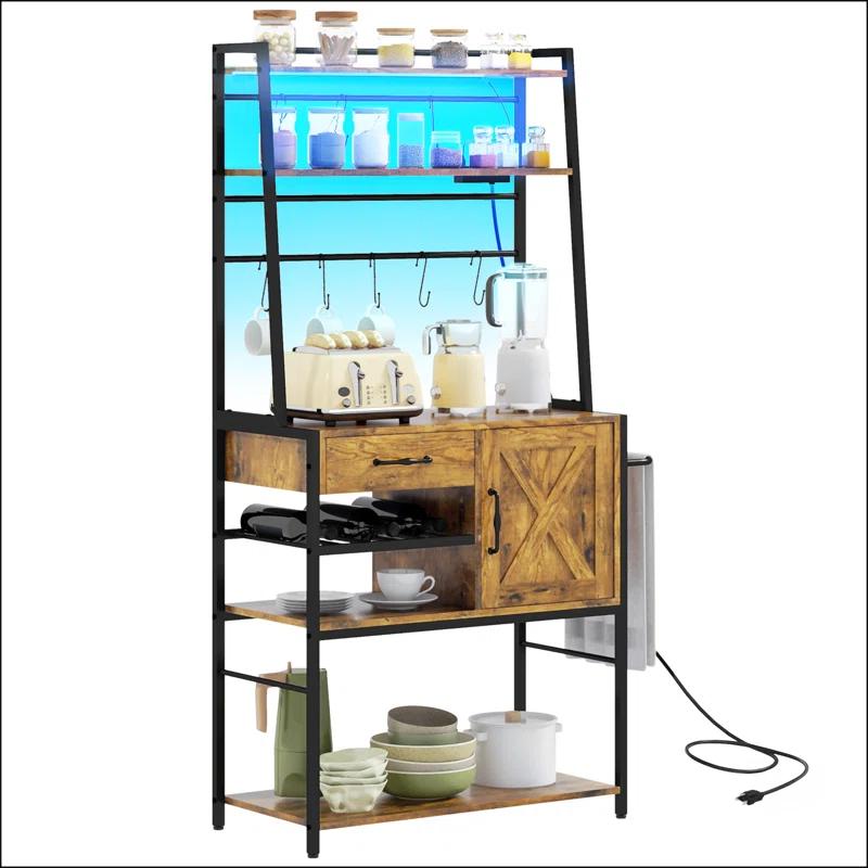 17 Stories Baker's Rack With Power Outlet And LED Lights Bar With Storage Shelves,Industrial Microwave Stand With Wine Bottle Rack,Drawer,Barn Door Cabinet