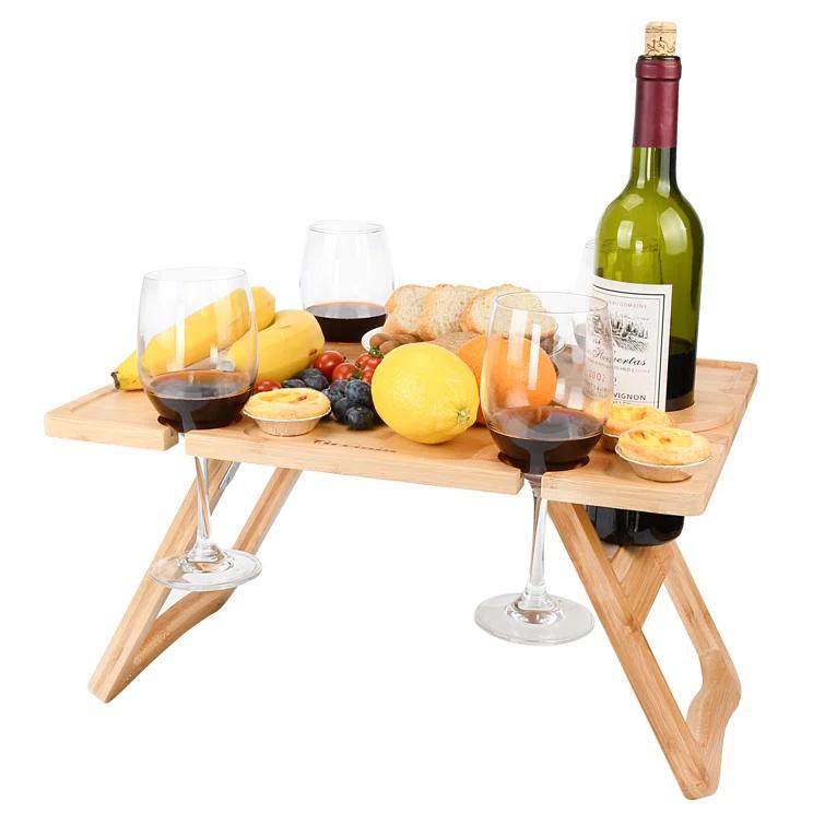 Tirrinia Bamboo Wine Picnic Table, Ideal Wine Lover Gift, Large Folding Portable Outdoor Snack & Cheese Tray for Concerts at Park, Beach