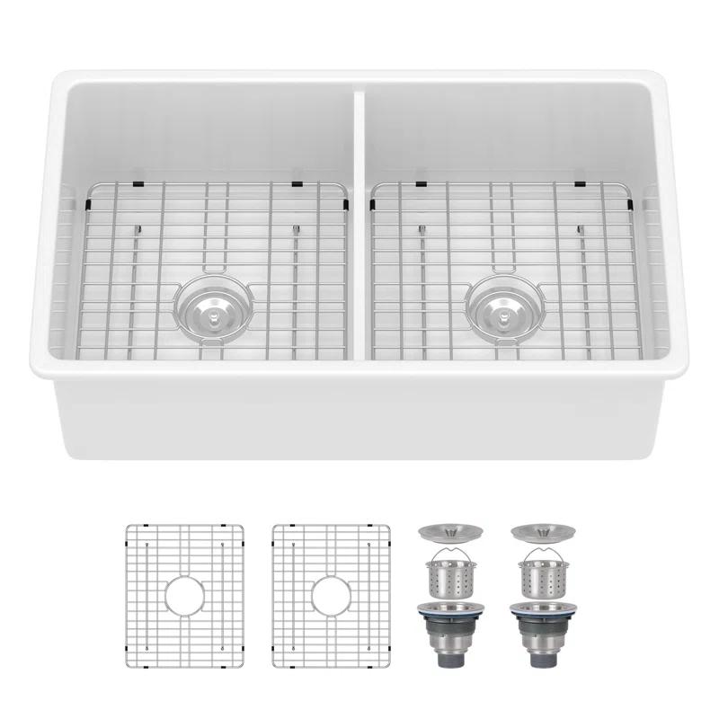 Sarlai 32'' L x 19" W White Ceramic 50/50 Double Basin Drop-In/Undermount Kitchen Sink with Sink Grids S-CSU3219-55
