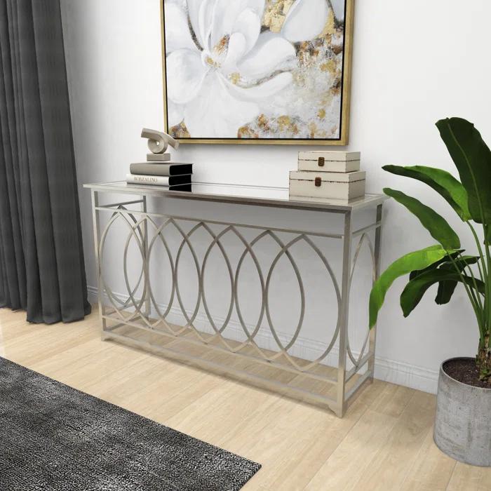 Mercer41 Metal Geometric Living Room Console Table with Mirrored Glass Top