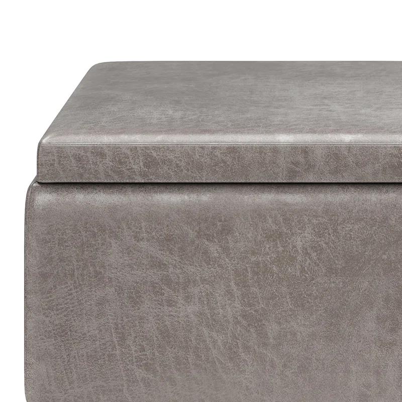 Simpli Home Owen 34"W Small Upholstered Coffee Table Storage Ottoman with Flip-Over Tray Top and Solid Wood Legs