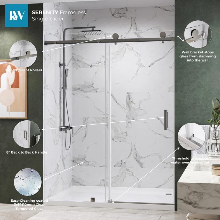 KOBIWORKS Kw03 60 In. W X 76 In. H Single Sliding Frameless Shower Door With 3/8 In. Clear Glass KW036076CH