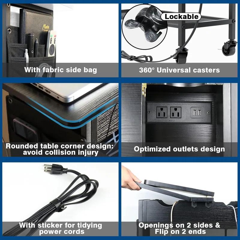 Slim Side Table With Wheels, USB Ports And Outlets, Rolling Narrow End Table With Charging Station And Bag, Flip Top Nightstand With Hidden Storage Shelves For Living Room Bedroom Small Spaces
