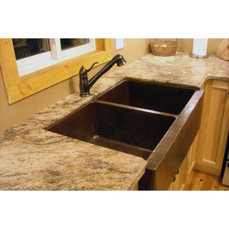 Premier Copper Products KA50DB33229 33" Hammered Copper Apron Front 50/50 Double Basin Kitchen Sink
