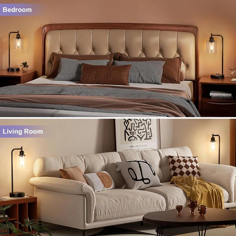 Latitude Run® Industrial Touch Table Lamps for Bedrooms Set of 2 - 3-Way Dimmable Nightstand Lamps with USB C+A Ports and Outlet, Bedside Lamps with Glass Shade for Living Room, Desk Lamps for Home Office