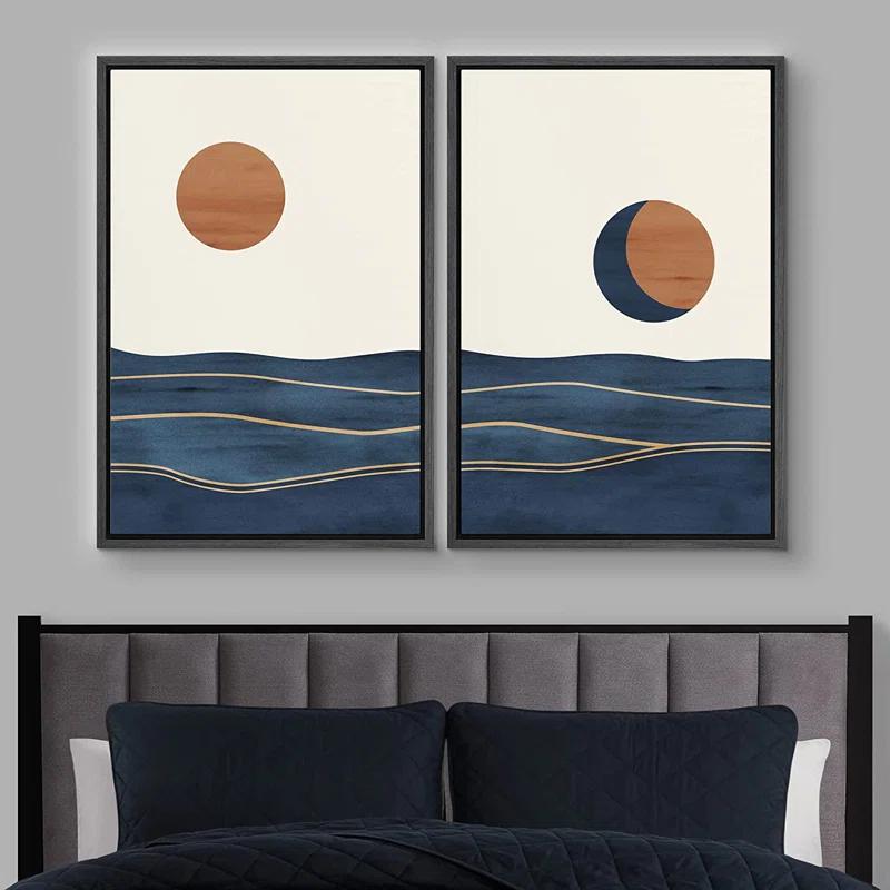 Sun And Moon " Abstract Sun Over Blue Watercolor Ocean Waves Modern Minimalist Landscape " 2 - Pieces