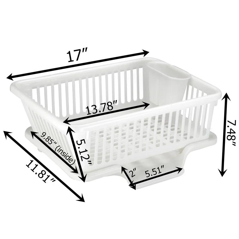 Basicwise Heavy Duty 2-Piece Plastic Dish Drying Rack Set in White - Includes Large Dish Drainer, Attached Drainboard, and Utensil Cup Holders for Home Kitchen Countertop Organization