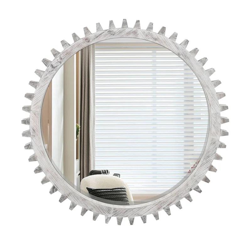 17 Stories Vintage 34'' X 34'' Wood Round Hanging Gear Shape Heavy Decorative Mirror For Bathroom Living Room Entryway Or Put Together To Your Liking