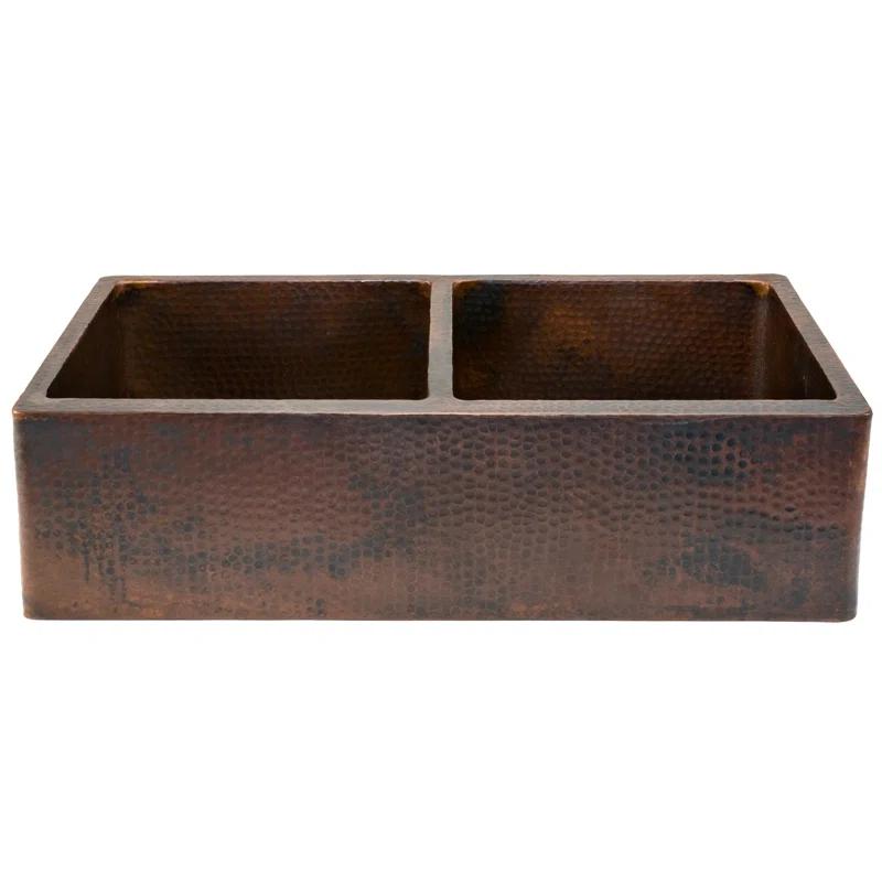 Premier Copper Products KA50DB33229 33" Hammered Copper Apron Front 50/50 Double Basin Kitchen Sink