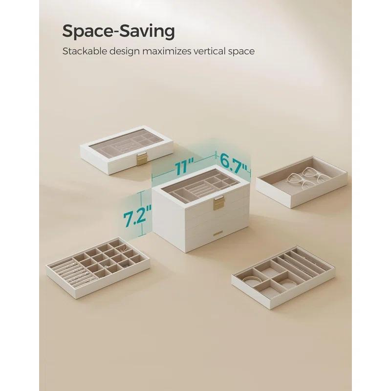 Latitude Run® Stackable Jewelry Trays, 4-Tier Jewelry Box, Drawer Jewelry Organizer, With Glass Lid, Removable Dividers, For Vanity Table, 6.7 X 11 X 7.2 Inches, Cloud White