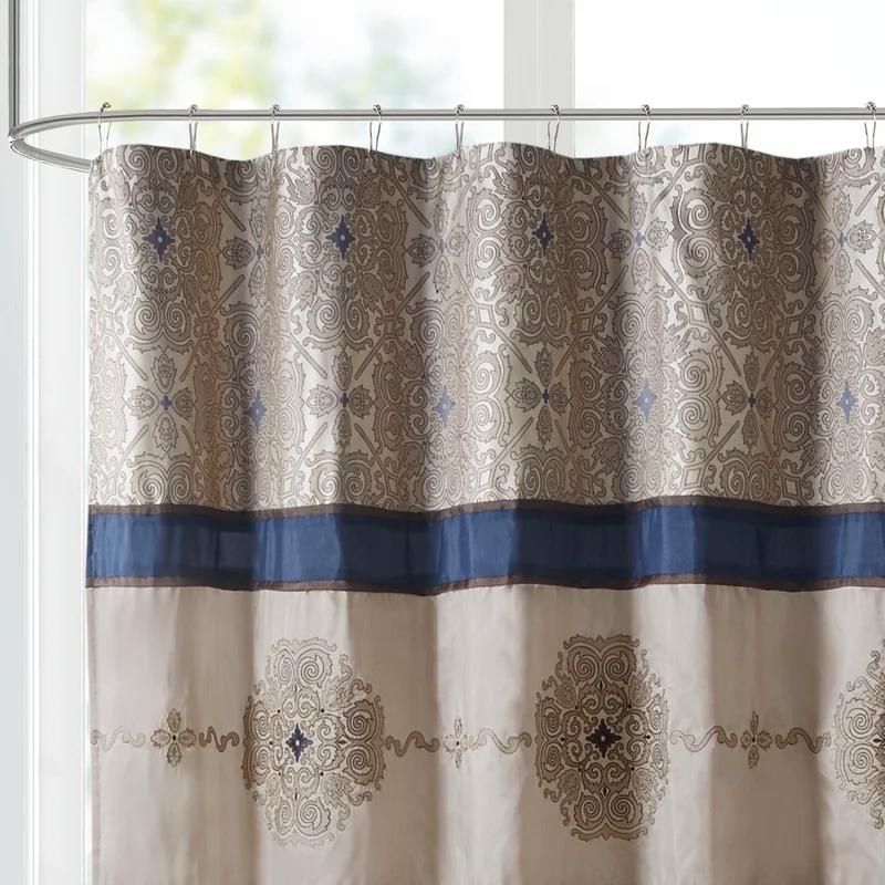 Donovan Navy and Beige Embroidered Fabric Shower Curtain