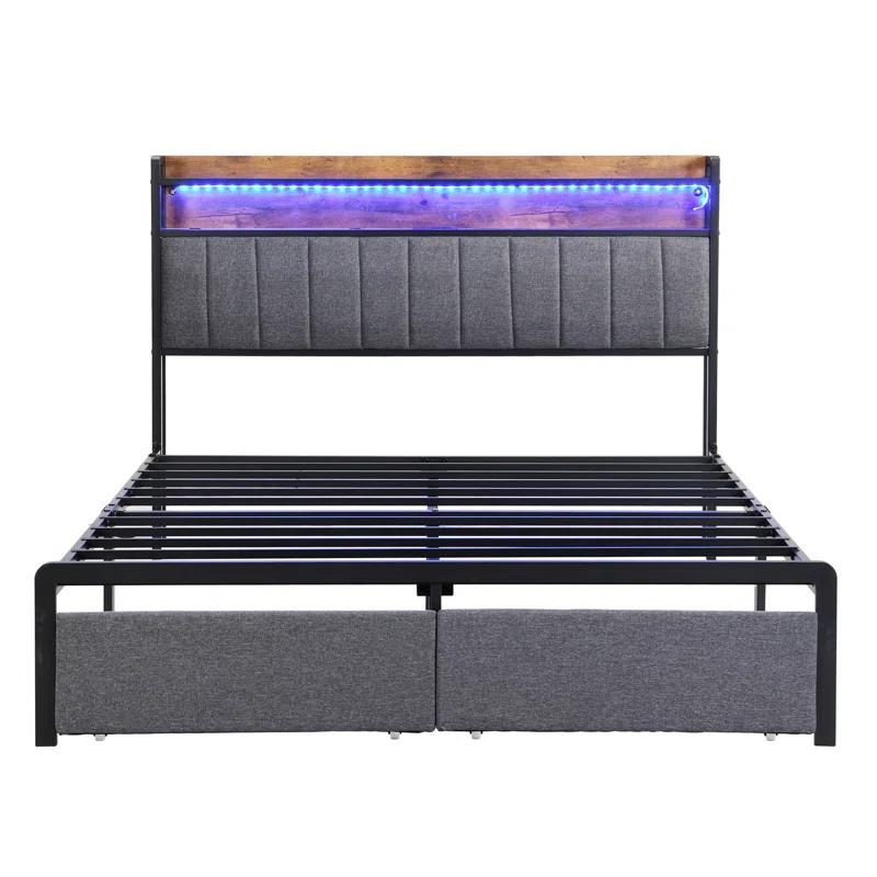Orren Ellis Full Bed Frame With Storage Headboard And Drawers, Full Size Led Platform Bed Frame, Led Upholstered Bed Frame With Charging Station
