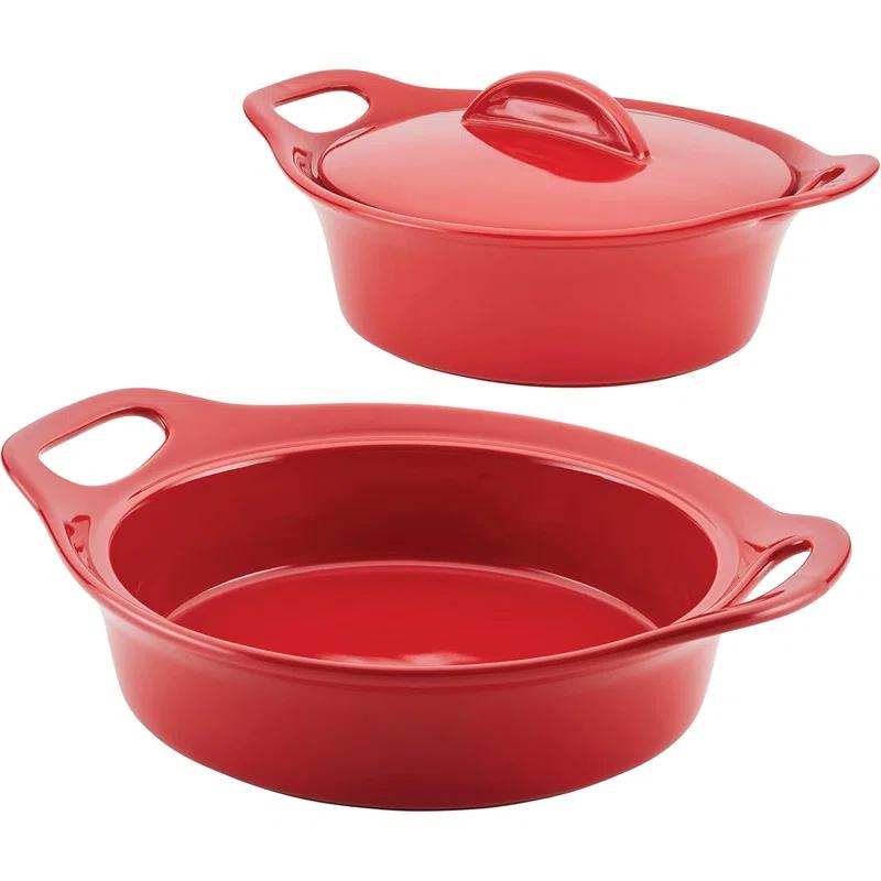 Rachael Ray Rachael Ray Ceramic Casserole Bakers Set, Includes 1.5-Quart And 2-Quart Round Casserole, With Shared Lid, 3 Piece, Red