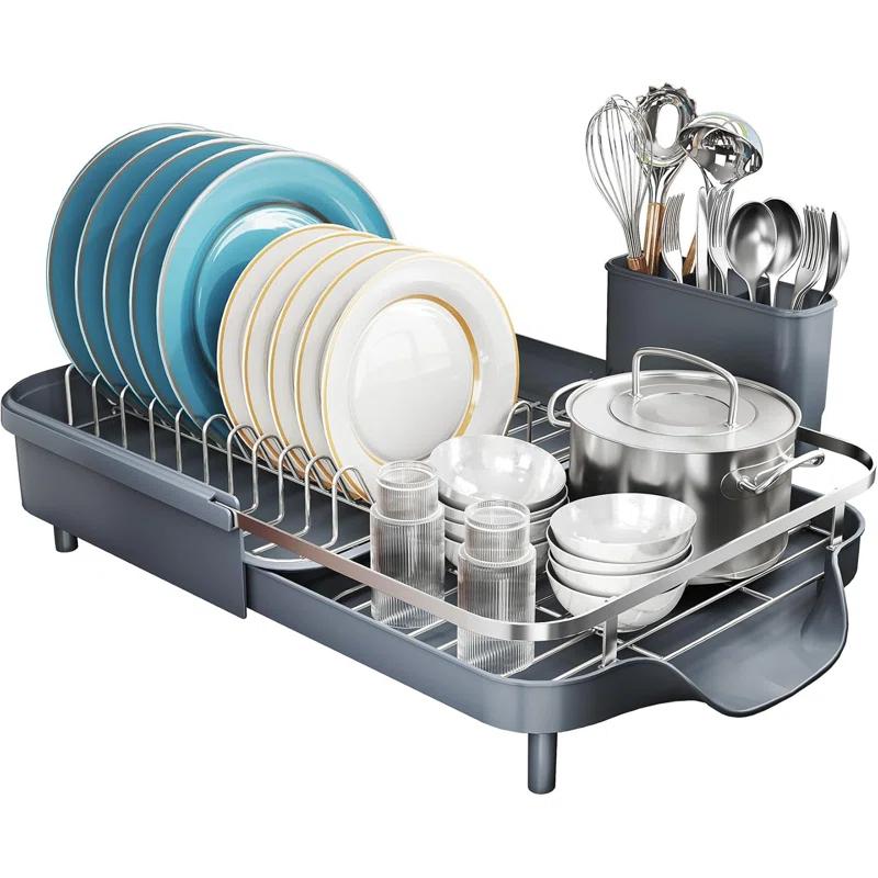Anadea Dish Drying Rack, Expandable Dish Rack For Kitchen Counter, Stainless Steel Dish Drainer With Drainboard Set And Utensil Holder