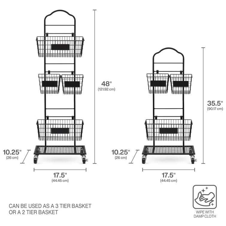 Gourmet Basics by Mikasa Gourmet Basics By Mikasa Mercato Adjustable 2 Or 3 Tier Standing Storage Fruit Basket Rack With Wheels, Black