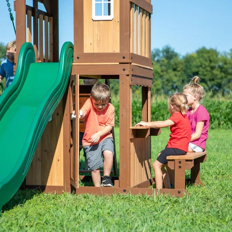 Backyard Discovery Backyard Discovery Lakewood Cedar Wood Swing Set with Wave Slide, Clubhouse, Playhouse, and Snack Bar Window