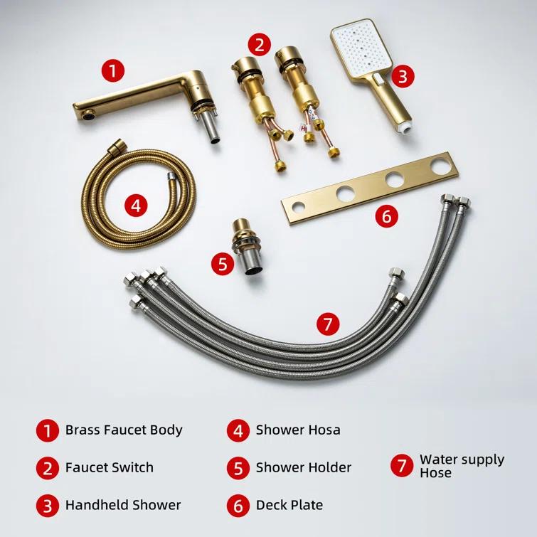 WoodBridge Widespread Deck Mount Roman Tub Faucet With Hand Shower, Two-Handle 4-Holes Bathtub Shower Faucet Set F0045BG