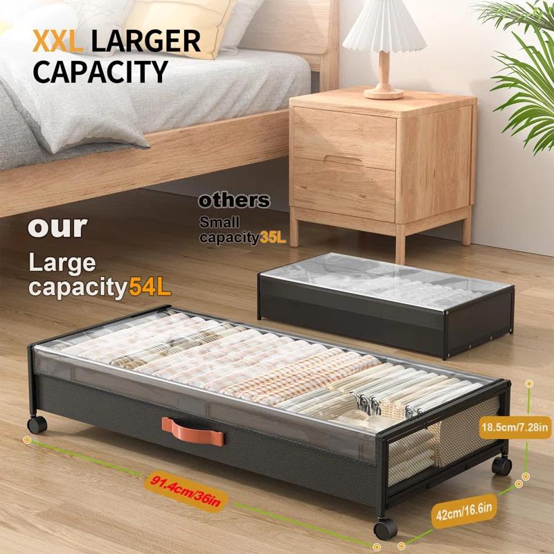 Rebrilliant Under Bed Storage With Wheels, 54L XXL Larger Under Bed Storage Containers With Clear Lids, 36'' Lengthen Under Bed Shoe Organizer, Rolling For Shoes Clothes(Black 2 Pack, XXL(36"X16.6"X7.28"))