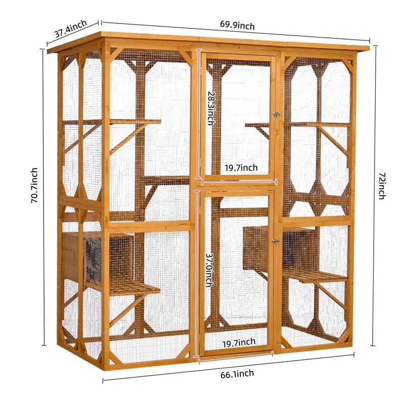 Gracie Oaks Outdoor Cat Enclosure with Roof 72" Height Cat Wooden House Large Cat Catio