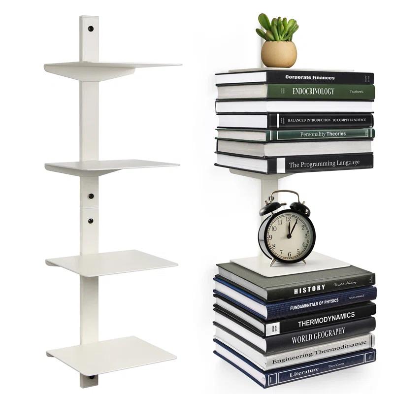 Invisible Floating Bookshelf For Wall Mounted, 4 Tier Vertical Spine Book Tower, 2 Pack White
