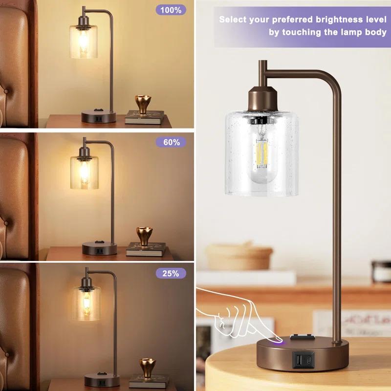 Latitude Run® Industrial Touch Table Lamps for Bedrooms Set of 2 - 3-Way Dimmable Nightstand Lamps with USB C+A Ports and Outlet, Bedside Lamps with Glass Shade for Living Room, Desk Lamps for Home Office