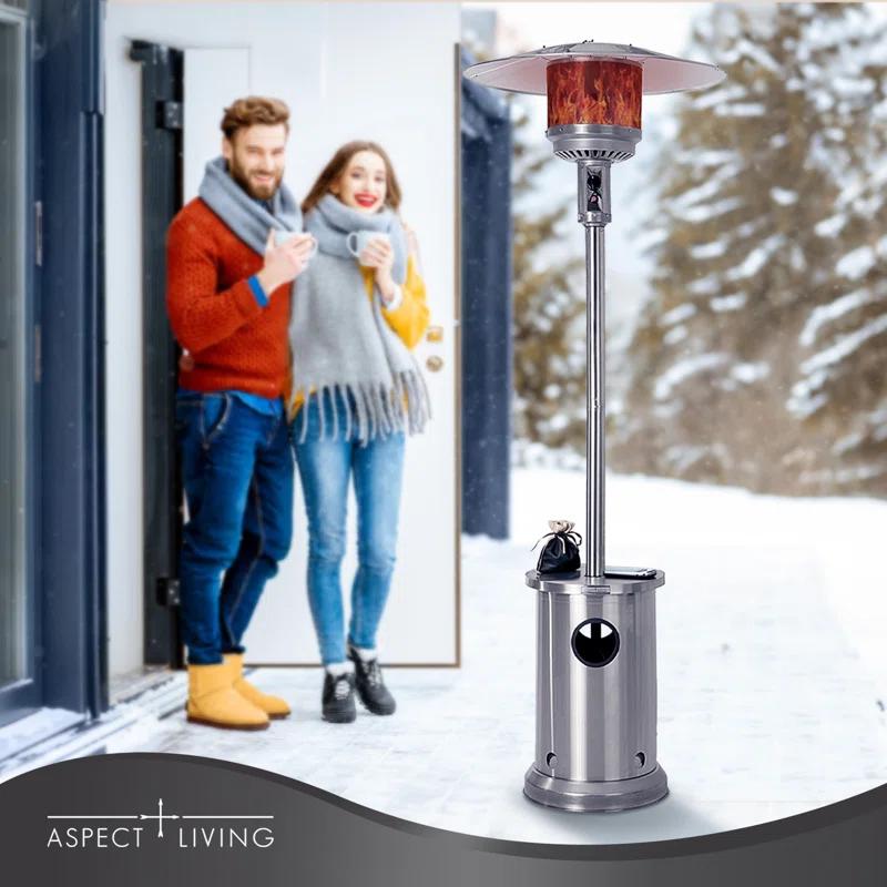 AspectLiving Patio Heater with Table 48,000 BTU Output Electronic Ignition System with Wheels- Stainless Steel