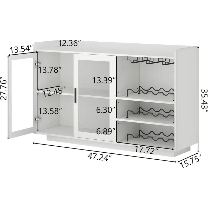 Brayden Studio® Wine Bar Cabinet with LED Lights, Floating Coffee Bar with Glass Rack and Removable Wine Racks, Modern Buffet Sideboard with Storage Shelves, Kithchen Bar with Glass Cabinet Doors, White