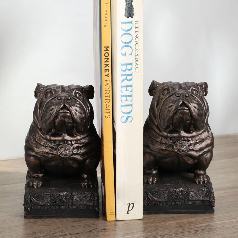 AMIPOR Inch British Bulldog Bookends Resin Sculpture Bookends Hand Painted Bronze Finish Desktop Organizer
