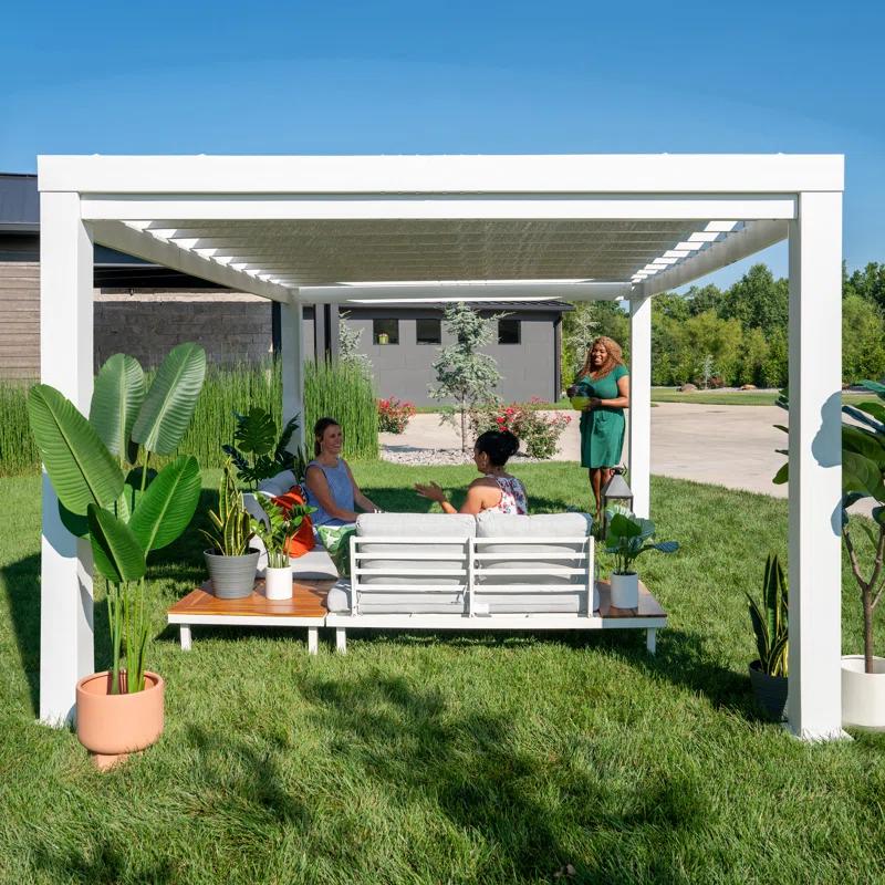 Backyard Discovery Backyard Discovery Windham 14' x 10' Modern Galvanized Steel Outdoor Patio Pergola Kit with Shade Sail Canopy and PowerPort