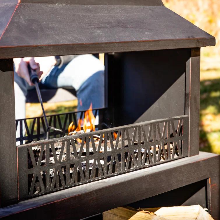 Lark Manor™ Courter 29" Rectangle Bronze Finish Steel Outdoor Fireplace with Log Storage